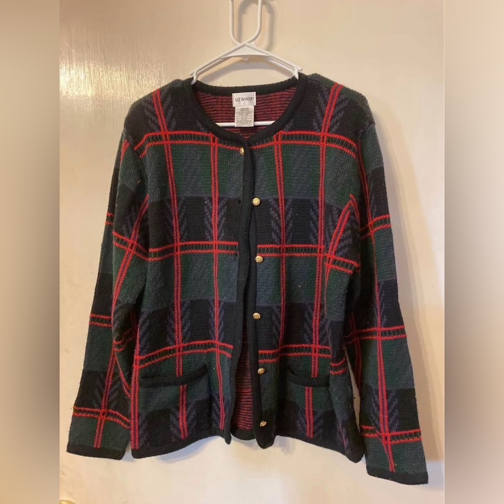 VTG Liz Baker Women's Tartan Christmas Cardigan -with Gold Buttons